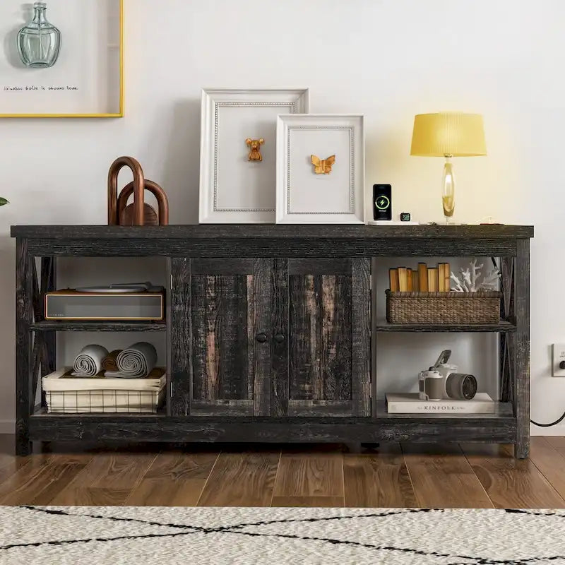 Meuble TV Moasis Farmhouse 59 avec étagères de rangement pour téléviseurs jusqu'à 65 pouces