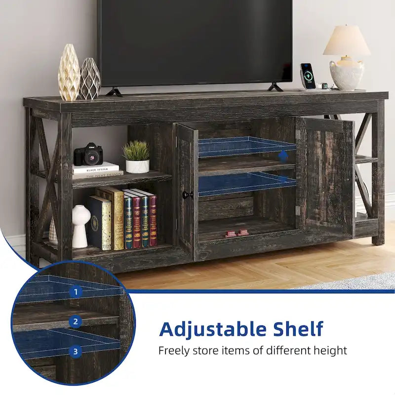 Meuble TV Moasis Farmhouse 59 avec étagères de rangement pour téléviseurs jusqu'à 65 pouces