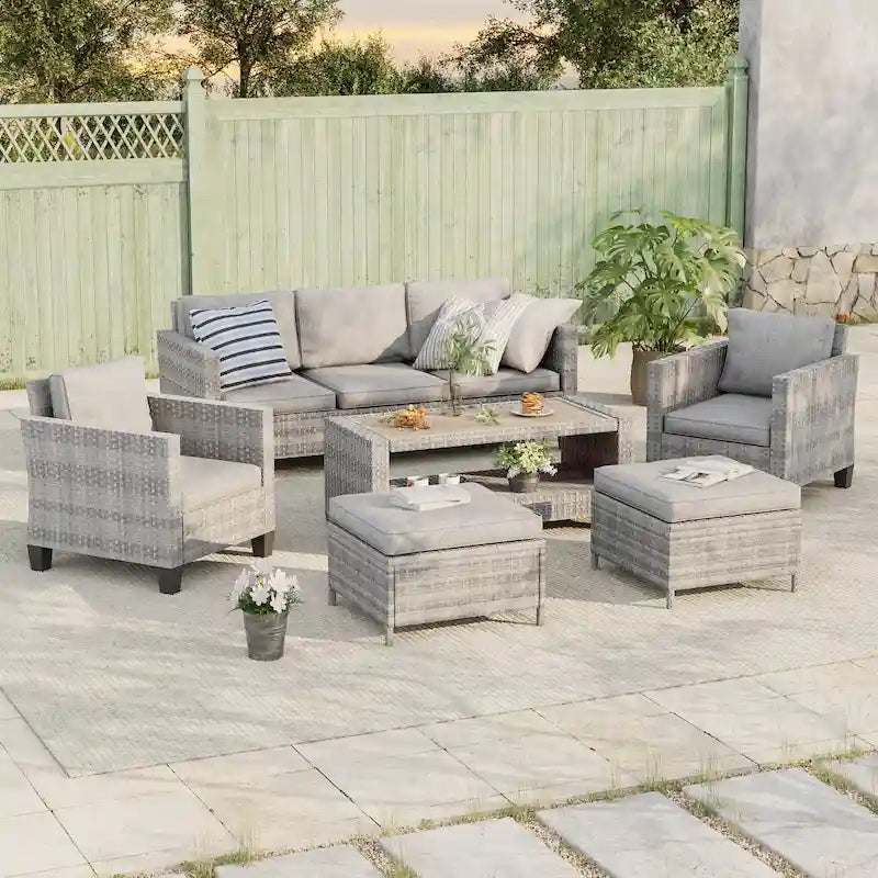 BONOSUKI Ensemble de conversation de canapé de patio 6 pièces en rotin gris avec poufs/table