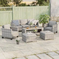 BONOSUKI Ensemble de conversation de canapé de patio 6 pièces en rotin gris avec poufs/table