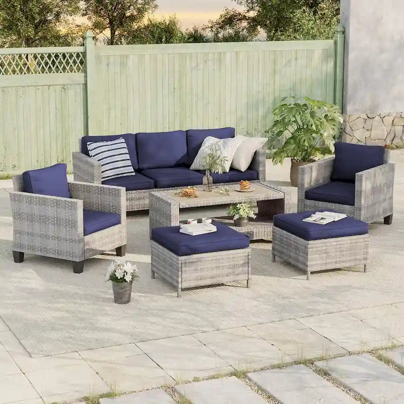 BONOSUKI Ensemble de conversation de canapé de patio 6 pièces en rotin gris avec poufs/table