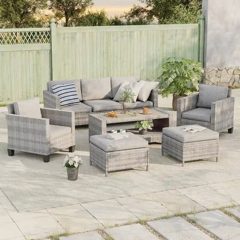 BONOSUKI Ensemble de conversation de canapé de patio 6 pièces en rotin gris avec poufs/table