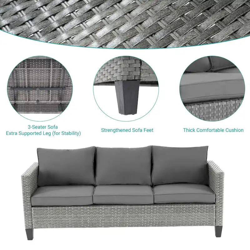 BONOSUKI Ensemble de conversation de canapé de patio 6 pièces en rotin gris avec poufs/table