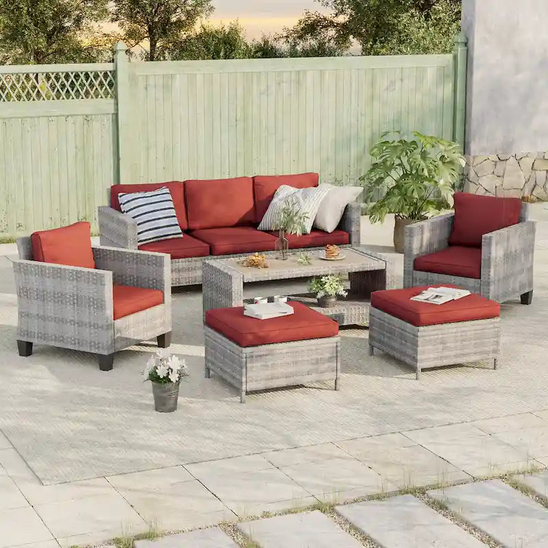 BONOSUKI Ensemble de conversation de canapé de patio 6 pièces en rotin gris avec poufs/table