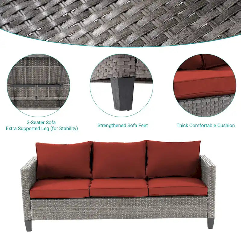 BONOSUKI Ensemble de conversation de canapé de patio 6 pièces en rotin gris avec poufs/table
