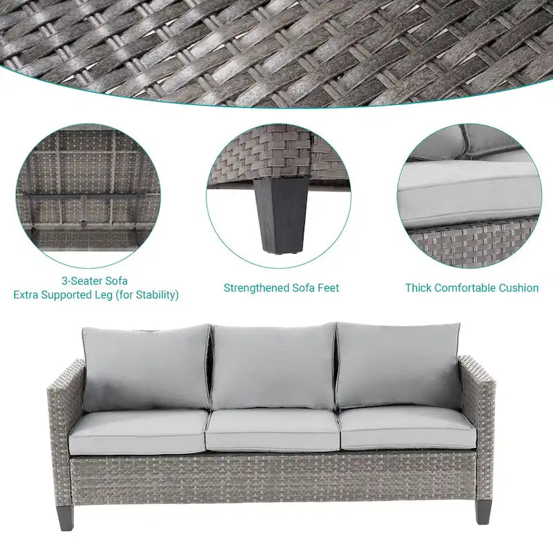BONOSUKI Ensemble de conversation de canapé de patio 6 pièces en rotin gris avec poufs/table