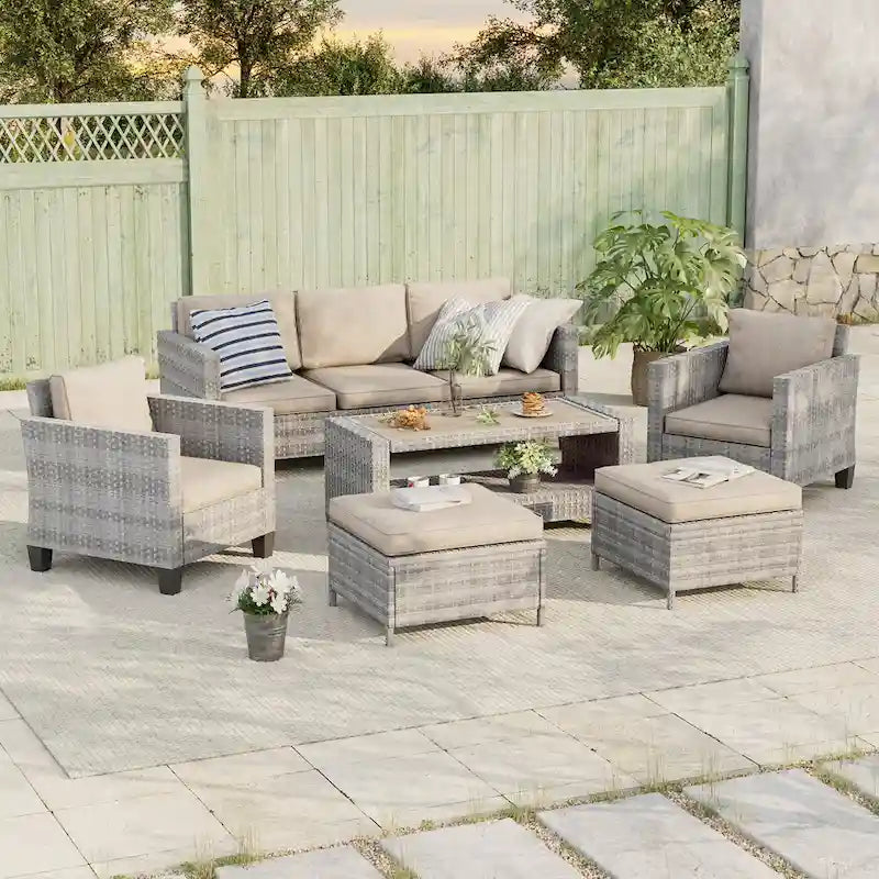 BONOSUKI Ensemble de conversation de canapé de patio 6 pièces en rotin gris avec poufs/table