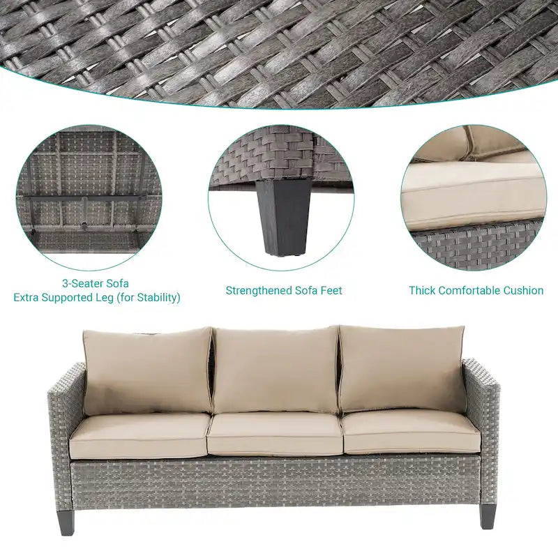 BONOSUKI Ensemble de conversation de canapé de patio 6 pièces en rotin gris avec poufs/table