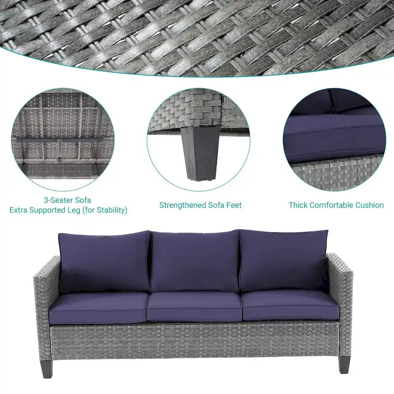 BONOSUKI Ensemble de conversation de canapé de patio 6 pièces en rotin gris avec poufs/table