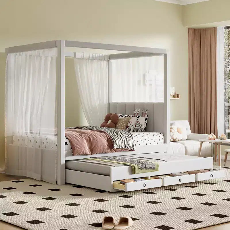 Full Size Linen Upholstery Canopy Platform Bed with Trundle and Three Storage Drawers