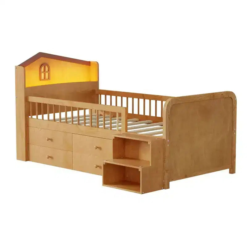 Whisen Low Twin Loft Bed with LED Lights, House Shape Headboard & Storage Drawers, Solid Construction