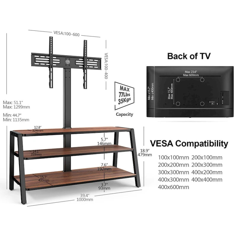 FITUEYES 3-Tier Floor TV Stand with Mount for 37-70 Inch TVs, Walnut