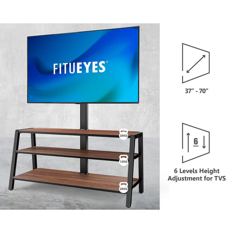 FITUEYES 3-Tier Floor TV Stand with Mount for 37-70 Inch TVs, Walnut