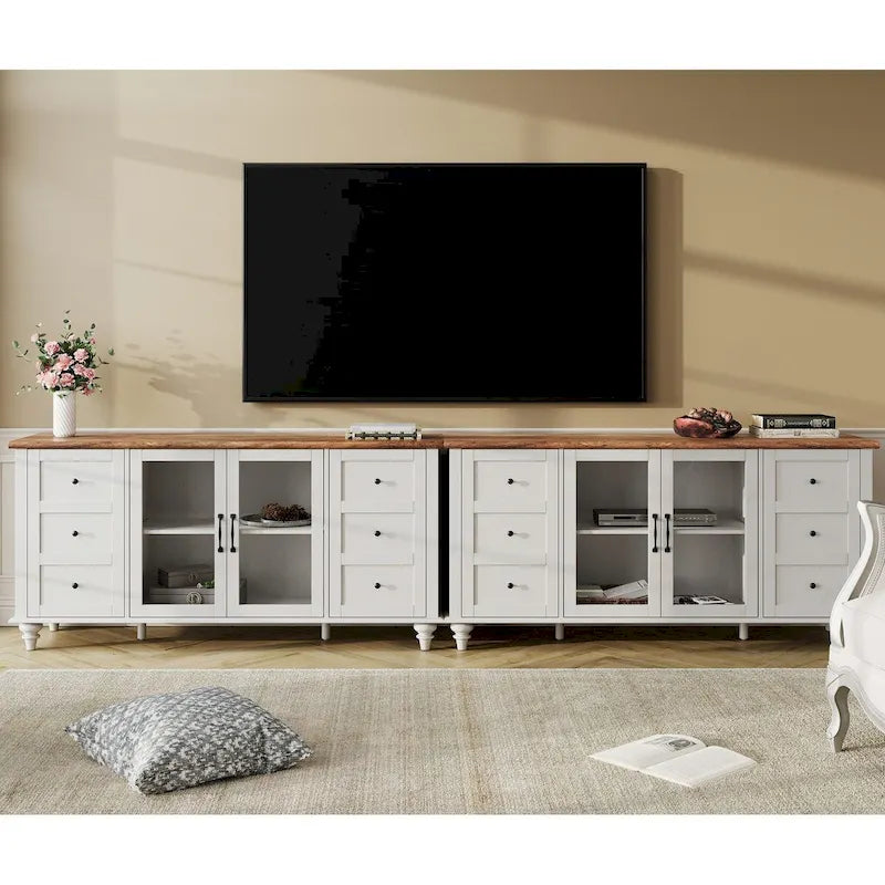 Meuble TV de ferme WAMPAT avec meuble de rangement, console de centre de divertissement en verre et bois
