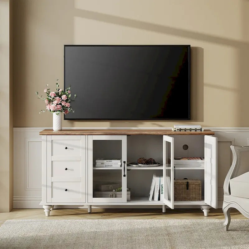 Meuble TV de ferme WAMPAT avec meuble de rangement, console de centre de divertissement en verre et bois