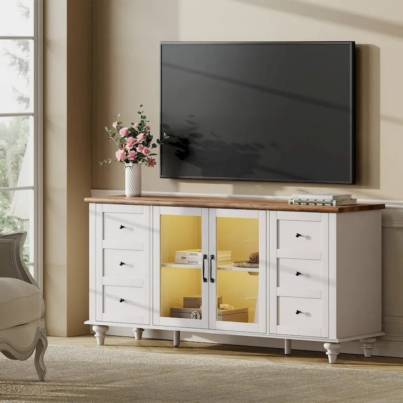 Meuble TV de ferme WAMPAT avec meuble de rangement, console de centre de divertissement en verre et bois