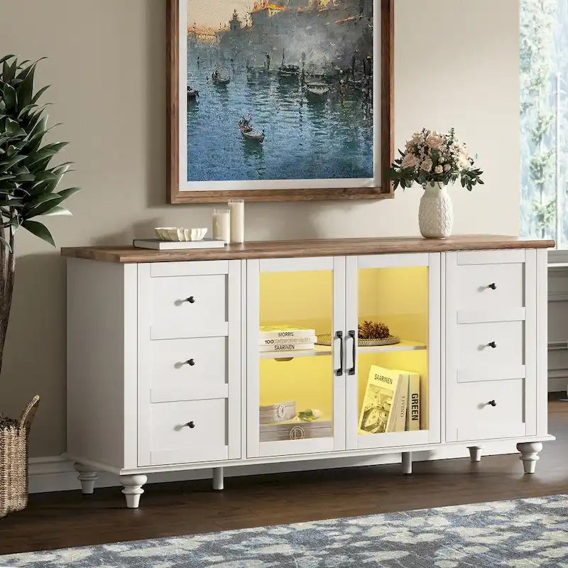 Meuble TV de ferme WAMPAT avec meuble de rangement, console de centre de divertissement en verre et bois