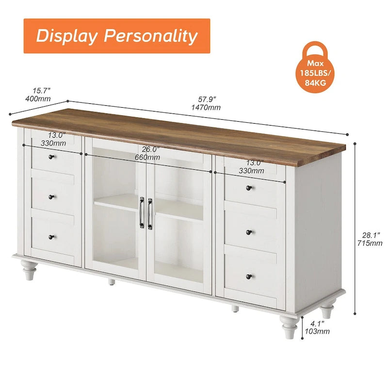 Meuble TV de ferme WAMPAT avec meuble de rangement, console de centre de divertissement en verre et bois