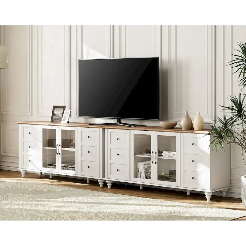 Meuble TV de ferme WAMPAT avec meuble de rangement, console de centre de divertissement en verre et bois