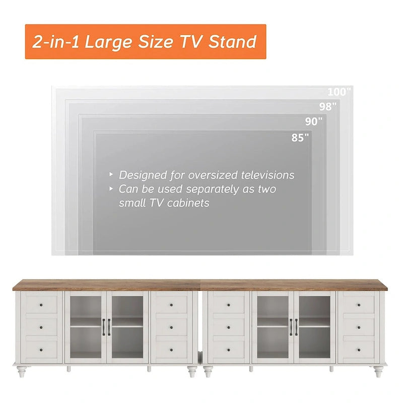 Meuble TV de ferme WAMPAT avec meuble de rangement, console de centre de divertissement en verre et bois