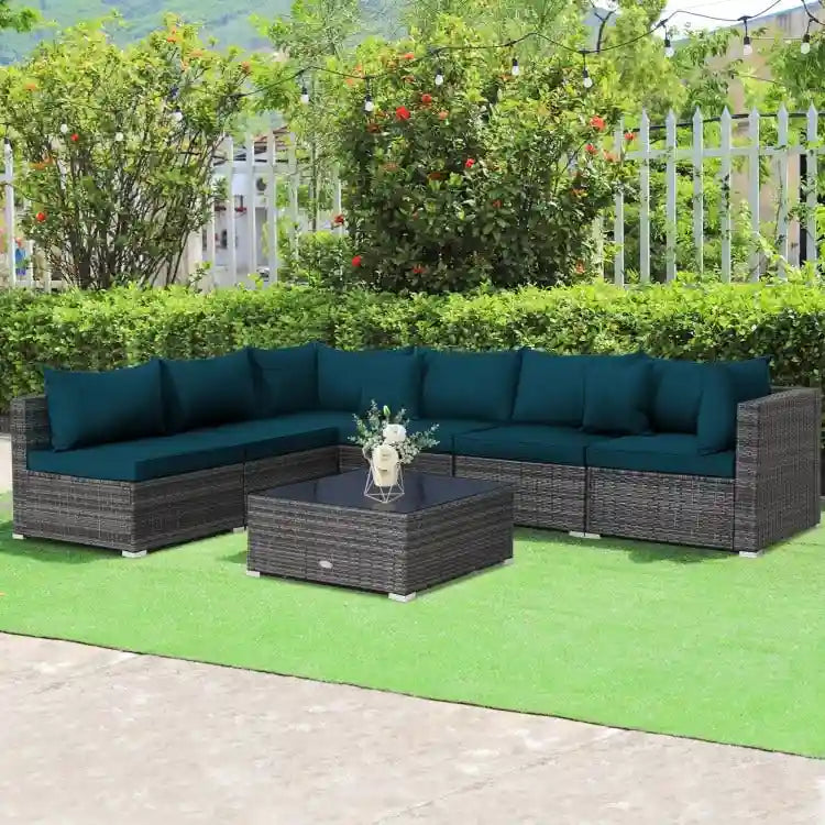Ensemble de mobilier de jardin en rotin avec canapé sectionnel et coussins – 7 pièces – Canapé sans accoudoirs : 29 x 25,5 x 24
