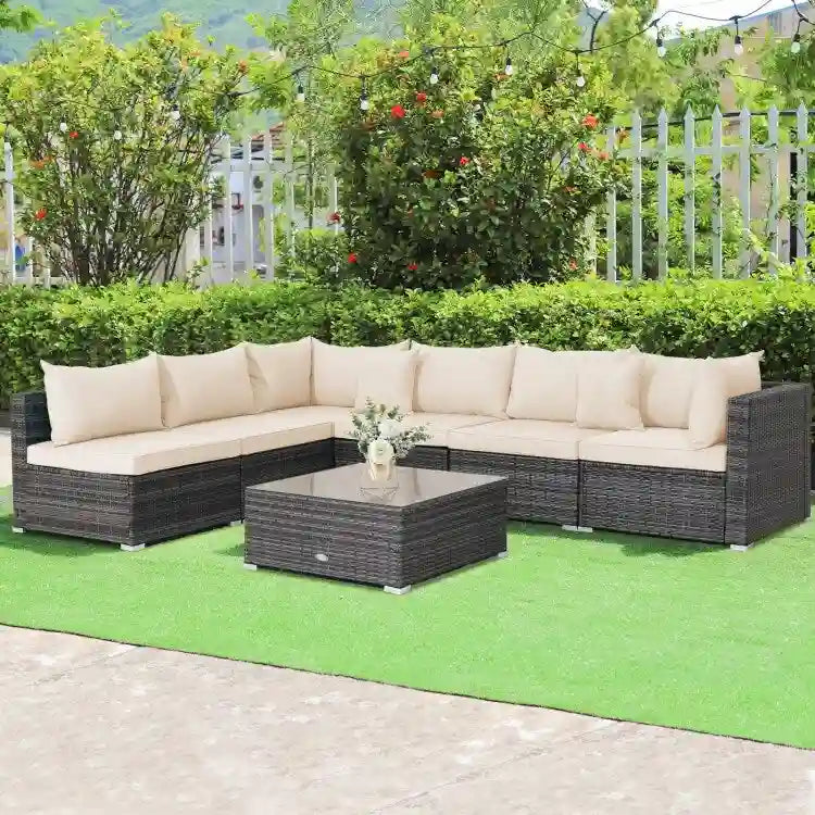Ensemble de mobilier de jardin en rotin avec canapé sectionnel et coussins – 7 pièces – Canapé sans accoudoirs : 29 x 25,5 x 24