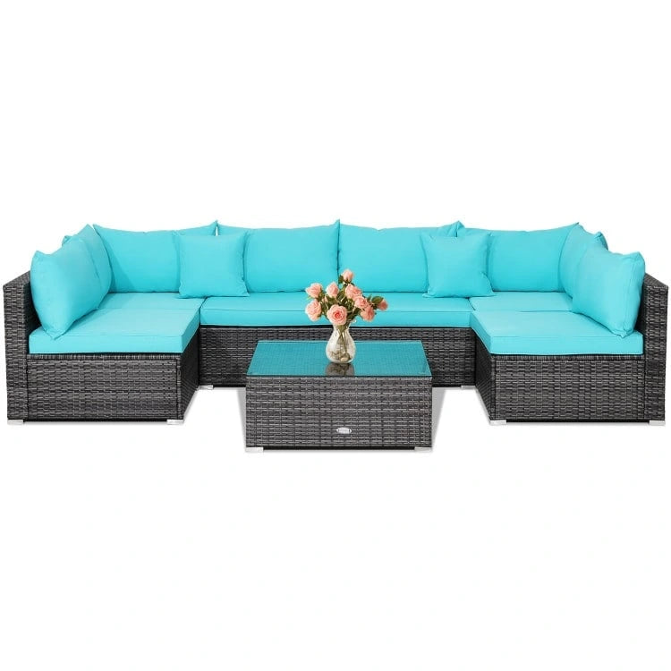 Ensemble de mobilier de jardin en rotin avec canapé sectionnel et coussins – 7 pièces – Canapé sans accoudoirs : 29 x 25,5 x 24