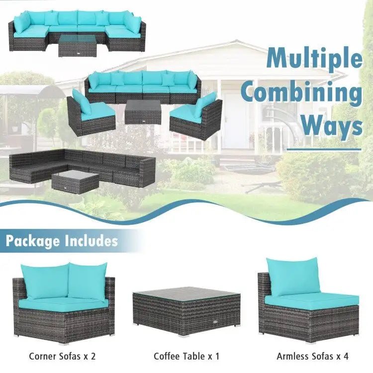 Ensemble de mobilier de jardin en rotin avec canapé sectionnel et coussins – 7 pièces – Canapé sans accoudoirs : 29 x 25,5 x 24