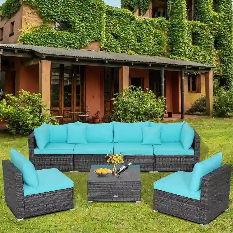 Ensemble de mobilier de jardin en rotin avec canapé sectionnel et coussins – 7 pièces – Canapé sans accoudoirs : 29 x 25,5 x 24