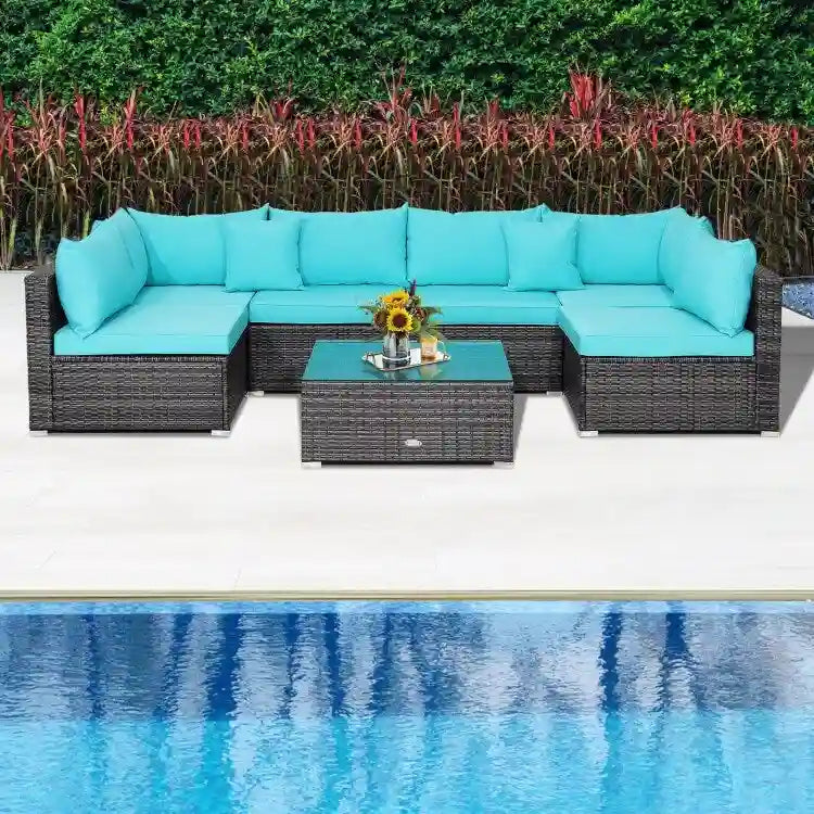 Ensemble de mobilier de jardin en rotin avec canapé sectionnel et coussins – 7 pièces – Canapé sans accoudoirs : 29 x 25,5 x 24
