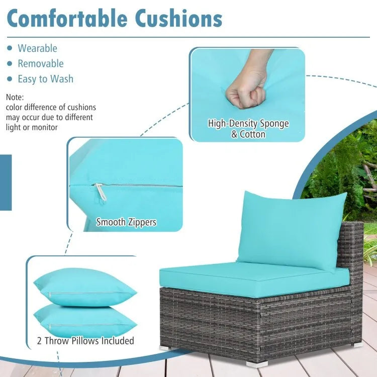 Ensemble de mobilier de jardin en rotin avec canapé sectionnel et coussins – 7 pièces – Canapé sans accoudoirs : 29 x 25,5 x 24