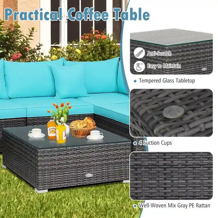 Ensemble de mobilier de jardin en rotin avec canapé sectionnel et coussins – 7 pièces – Canapé sans accoudoirs : 29 x 25,5 x 24