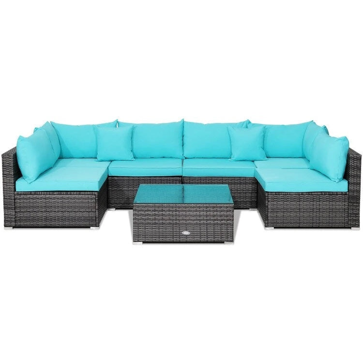 Ensemble de mobilier de jardin en rotin avec canapé sectionnel et coussins – 7 pièces – Canapé sans accoudoirs : 29 x 25,5 x 24