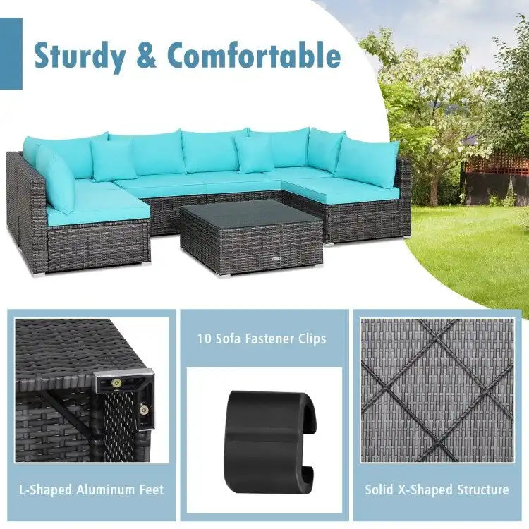 Ensemble de mobilier de jardin en rotin avec canapé sectionnel et coussins – 7 pièces – Canapé sans accoudoirs : 29 x 25,5 x 24
