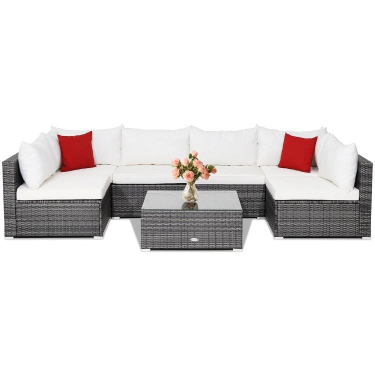 Ensemble de mobilier de jardin en rotin avec canapé sectionnel et coussins – 7 pièces – Canapé sans accoudoirs : 29 x 25,5 x 24