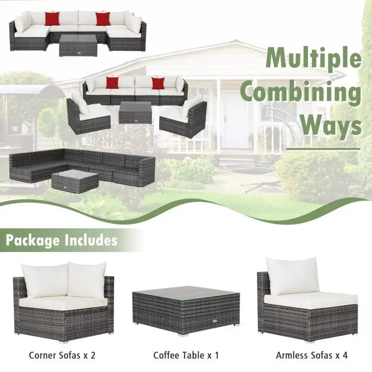 Ensemble de mobilier de jardin en rotin avec canapé sectionnel et coussins – 7 pièces – Canapé sans accoudoirs : 29 x 25,5 x 24