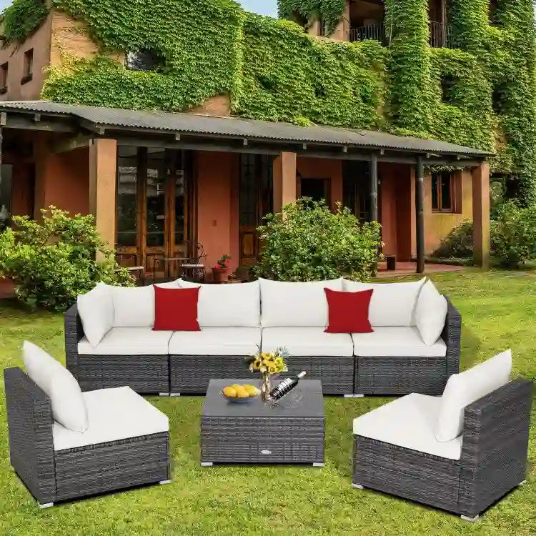 Ensemble de mobilier de jardin en rotin avec canapé sectionnel et coussins – 7 pièces – Canapé sans accoudoirs : 29 x 25,5 x 24