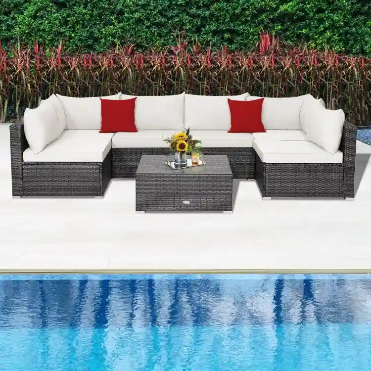 Ensemble de mobilier de jardin en rotin avec canapé sectionnel et coussins – 7 pièces – Canapé sans accoudoirs : 29 x 25,5 x 24