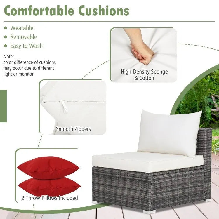Ensemble de mobilier de jardin en rotin avec canapé sectionnel et coussins – 7 pièces – Canapé sans accoudoirs : 29 x 25,5 x 24