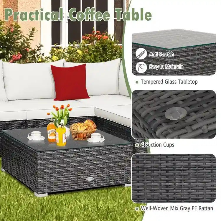 Ensemble de mobilier de jardin en rotin avec canapé sectionnel et coussins – 7 pièces – Canapé sans accoudoirs : 29 x 25,5 x 24