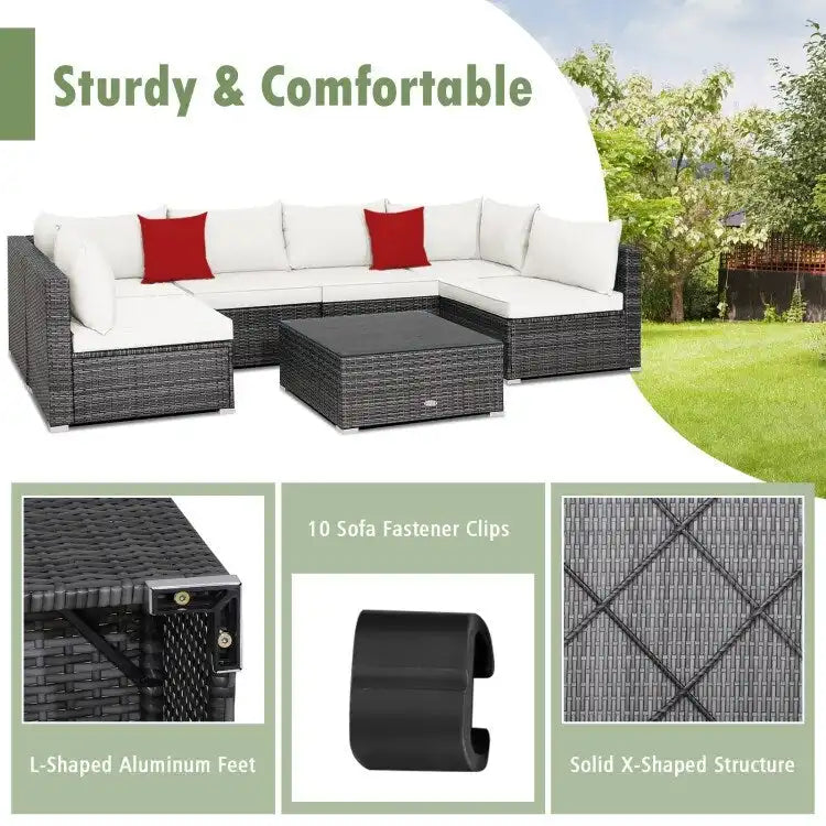 Ensemble de mobilier de jardin en rotin avec canapé sectionnel et coussins – 7 pièces – Canapé sans accoudoirs : 29 x 25,5 x 24
