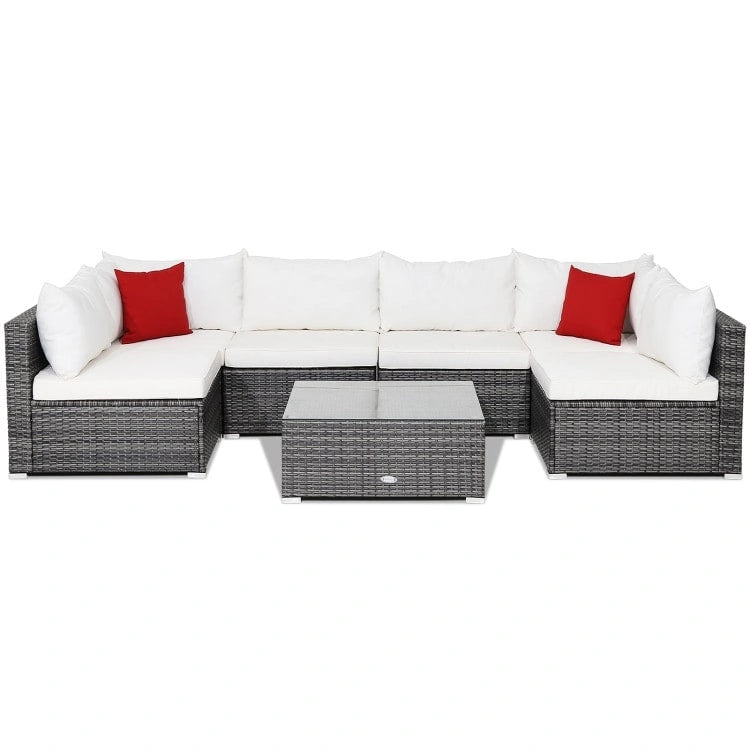 Ensemble de mobilier de jardin en rotin avec canapé sectionnel et coussins – 7 pièces – Canapé sans accoudoirs : 29 x 25,5 x 24