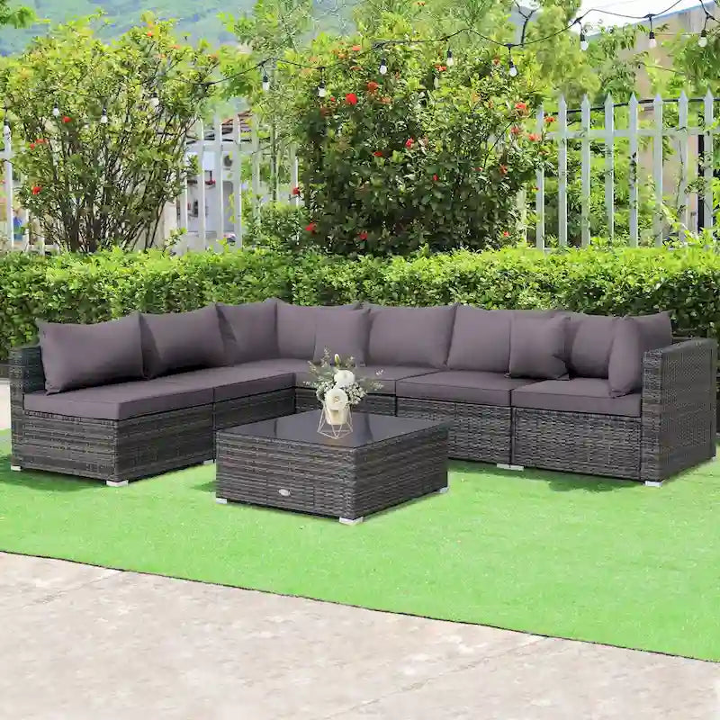 Ensemble de mobilier de jardin en rotin avec canapé sectionnel et coussins – 7 pièces – Canapé sans accoudoirs : 29 x 25,5 x 24