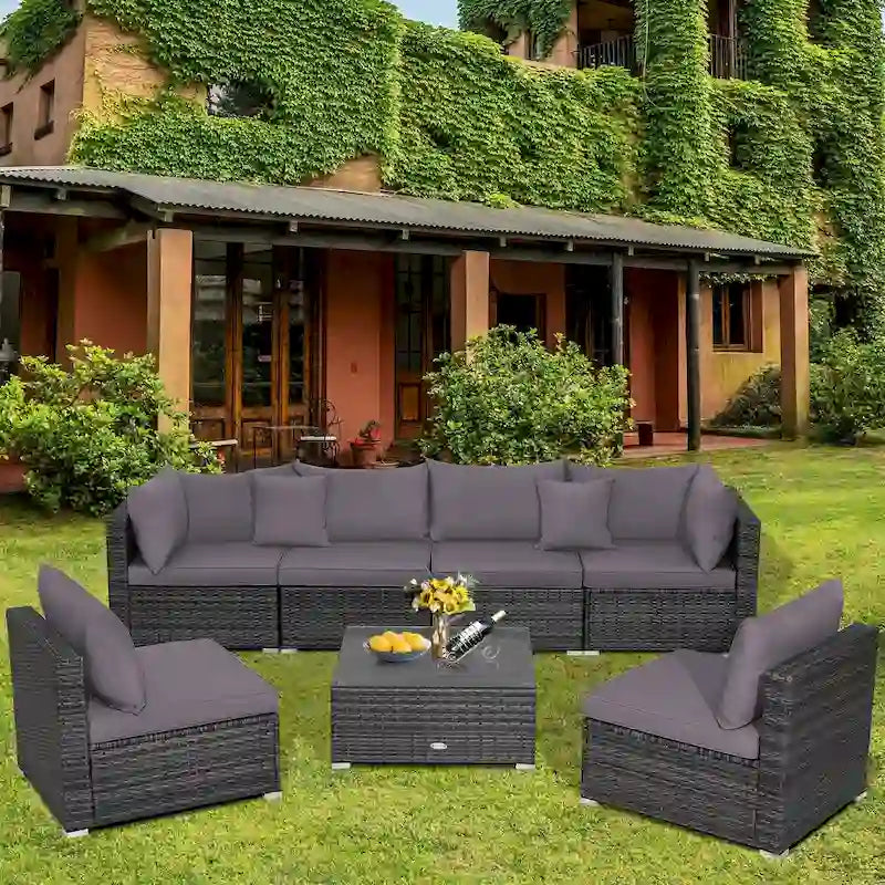 Ensemble de mobilier de jardin en rotin avec canapé sectionnel et coussins – 7 pièces – Canapé sans accoudoirs : 29 x 25,5 x 24
