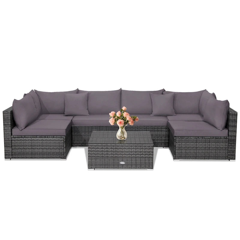 Ensemble de mobilier de jardin en rotin avec canapé sectionnel et coussins – 7 pièces – Canapé sans accoudoirs : 29 x 25,5 x 24