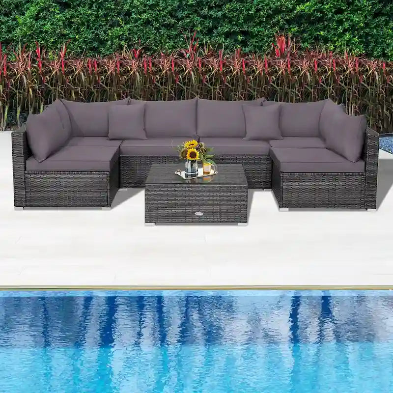 Ensemble de mobilier de jardin en rotin avec canapé sectionnel et coussins – 7 pièces – Canapé sans accoudoirs : 29 x 25,5 x 24
