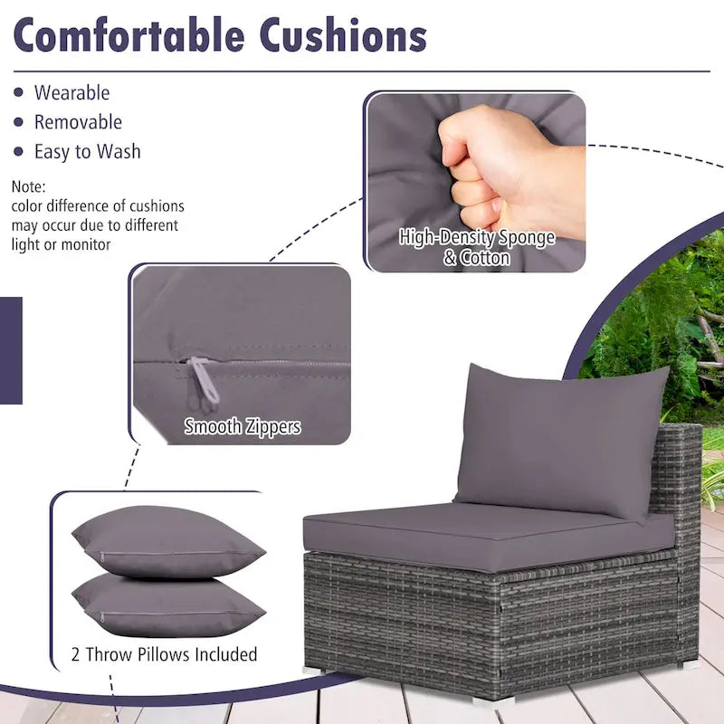 Ensemble de mobilier de jardin en rotin avec canapé sectionnel et coussins – 7 pièces – Canapé sans accoudoirs : 29 x 25,5 x 24