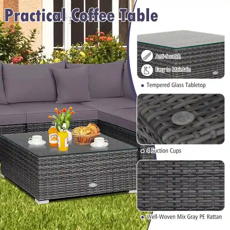 Ensemble de mobilier de jardin en rotin avec canapé sectionnel et coussins – 7 pièces – Canapé sans accoudoirs : 29 x 25,5 x 24