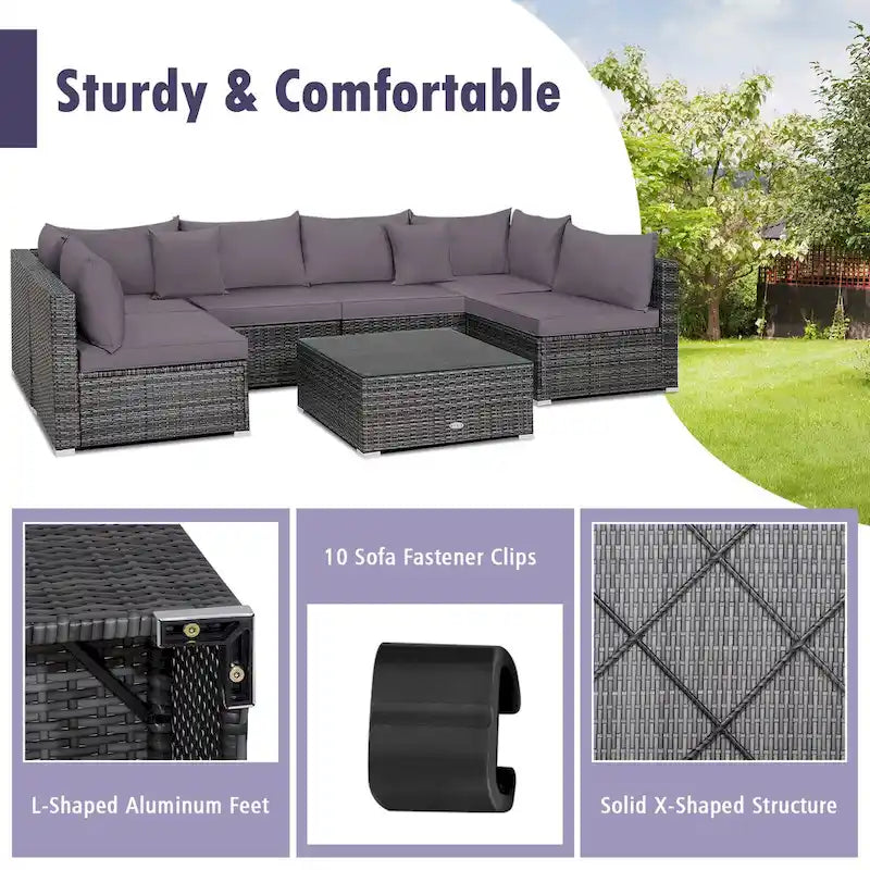 Ensemble de mobilier de jardin en rotin avec canapé sectionnel et coussins – 7 pièces – Canapé sans accoudoirs : 29 x 25,5 x 24