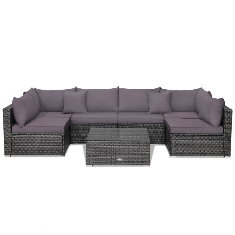 Ensemble de mobilier de jardin en rotin avec canapé sectionnel et coussins – 7 pièces – Canapé sans accoudoirs : 29 x 25,5 x 24